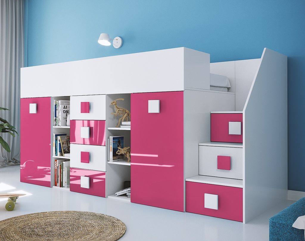 Hochbett Etagenbett weiß hochglanz mit Schreibtisch Schrank Regalen und Treppe rechts TELLY 3 weiß-rosa