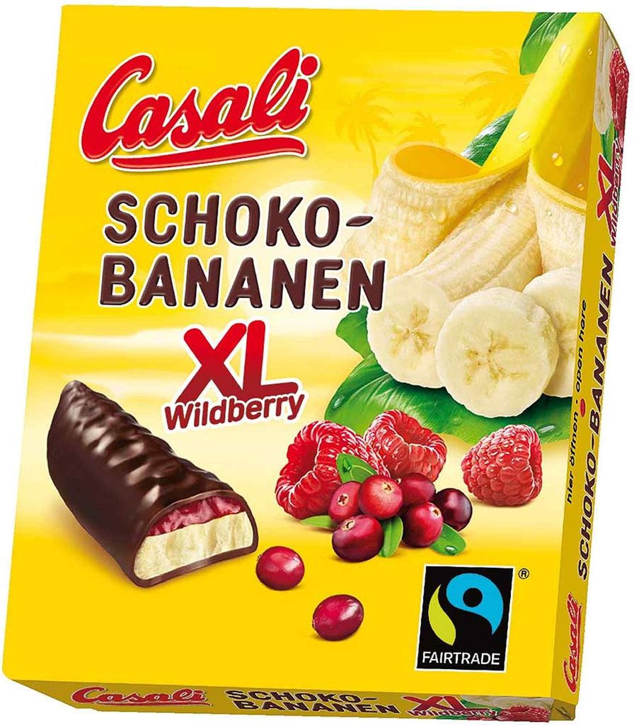 A product box for Casali Schoko Bananen XL Wildberry.