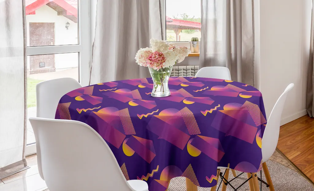 ABAKUHAUS Tovaglia geometrica rotonda, Memphis Art Forms Art, tovaglia circolare per sala da pranzo, decorazione cucina, 150 cm, viola fucsia e arancione