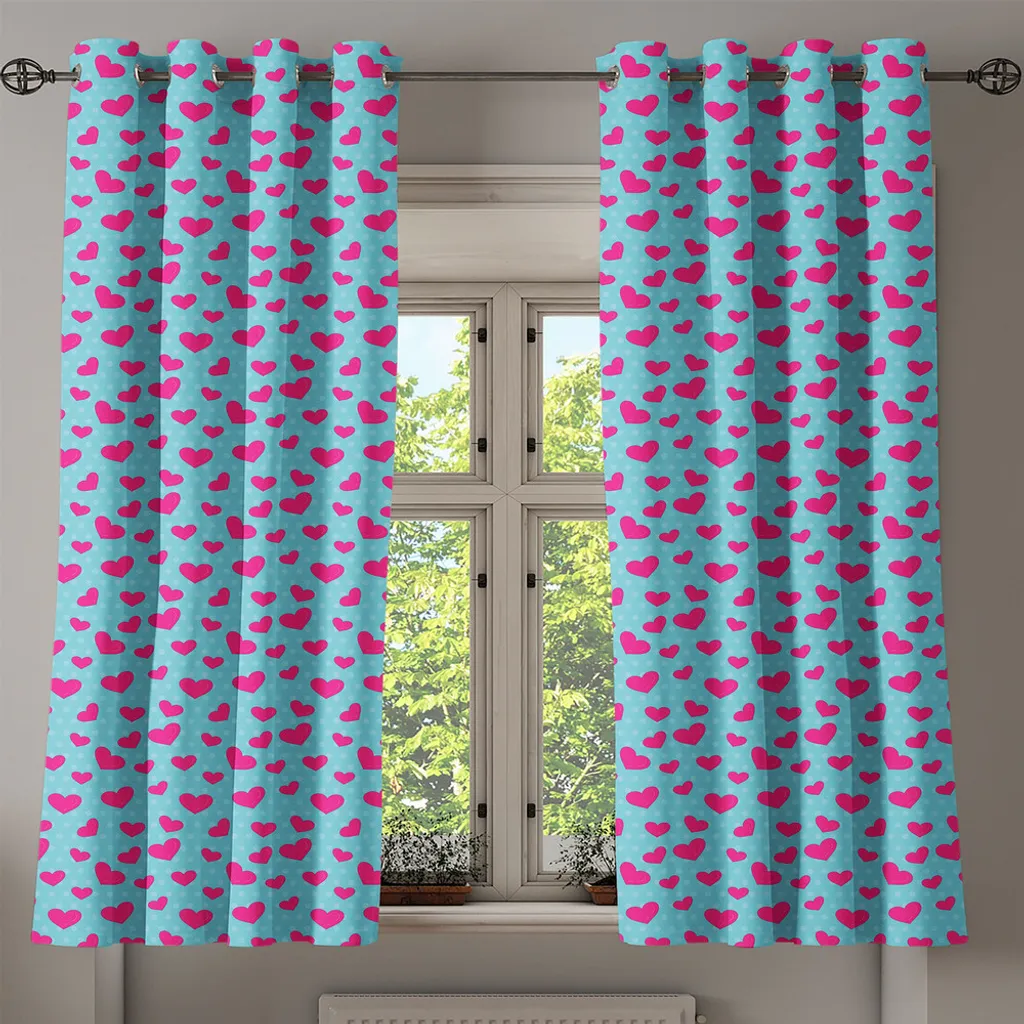 ABAKUHAUS Tenda con occhielli Pop Art, stile retrò anni '50 e '60, immagine con cuori e pois astratti, stampa artistica, tende decorative a 2 pannelli, 280 cm x 245 cm, rosa e turchese - 2