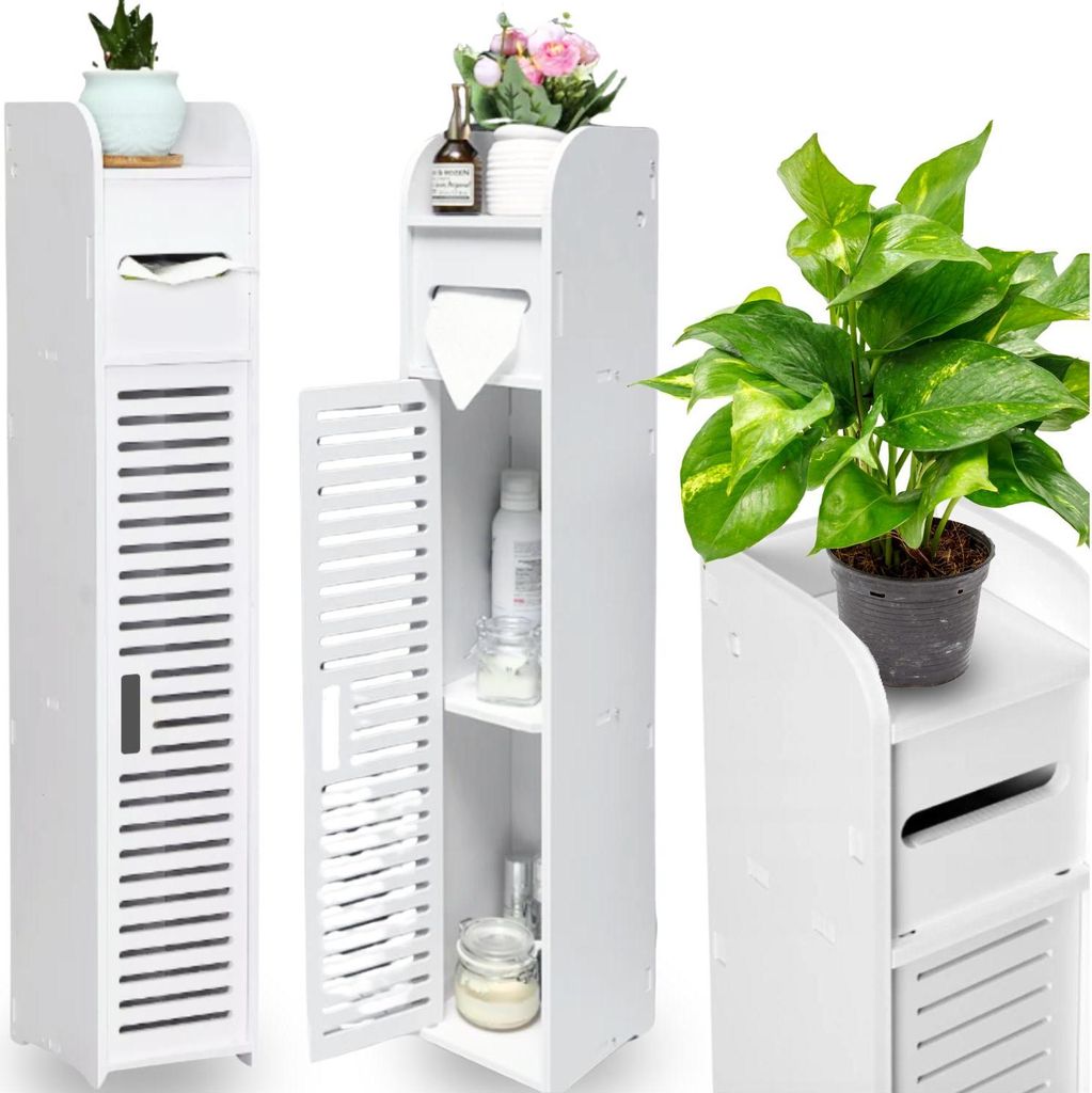 A collage of images showing a white bathroom storage cabinet with a slatted door and a compartment for toilet paper.