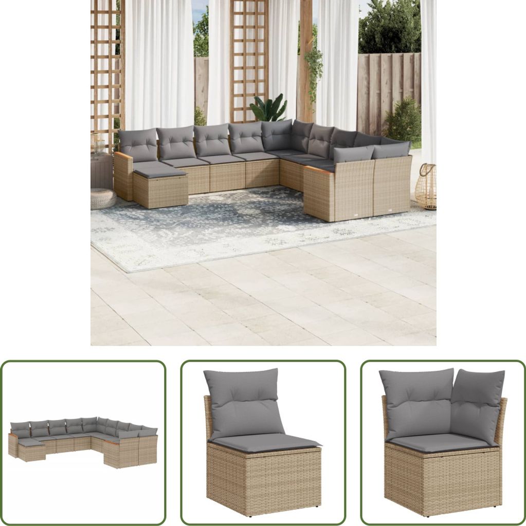 The Living Store 11-tlg. Garten-Sofagarnitur mit Kissen Beige Poly Rattan