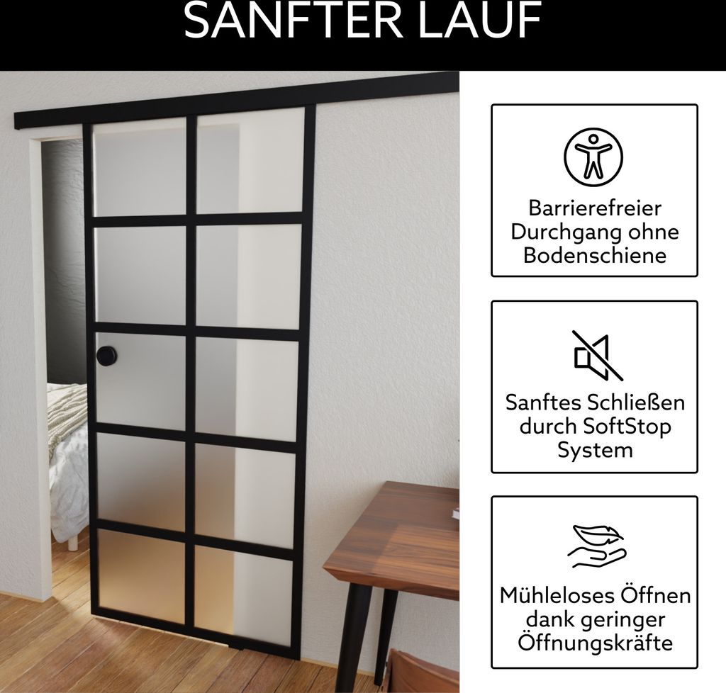 Loft Glasschiebetür Komplettset Milchglas 935x2058 inkl. Produktbild 8