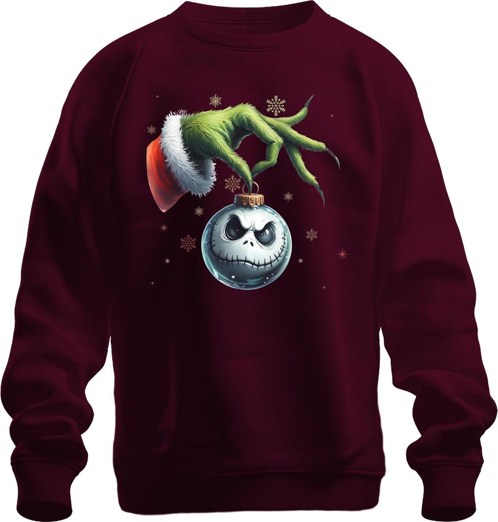 Grinch Hand Jack Skellington Weihnachtskugel düster Retro Uni Sweatshirt Pullover, Burgundy, XXL