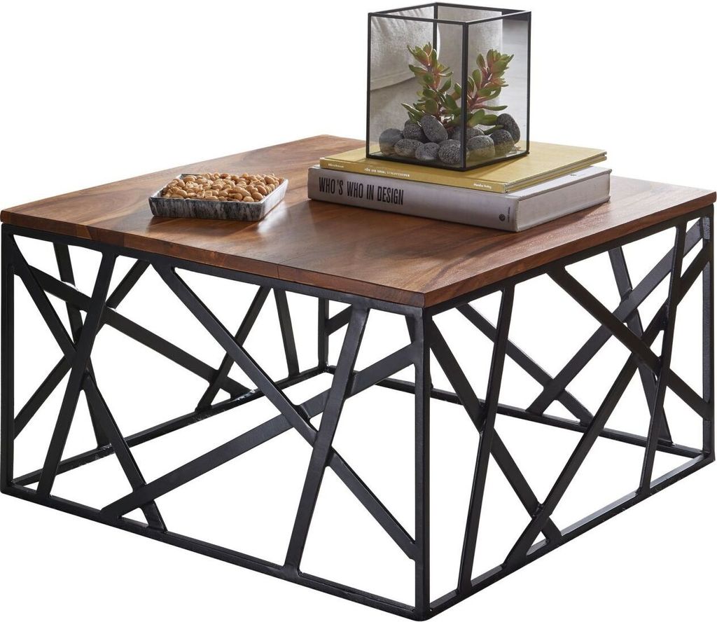 Couchtisch BAKAL 60x35x60 cm Sheesham Massivholz / Metall Sofatisch, Design Wohnzimmertisch Industrial Style, Stubentisch Braun / Schwarz, Designer...