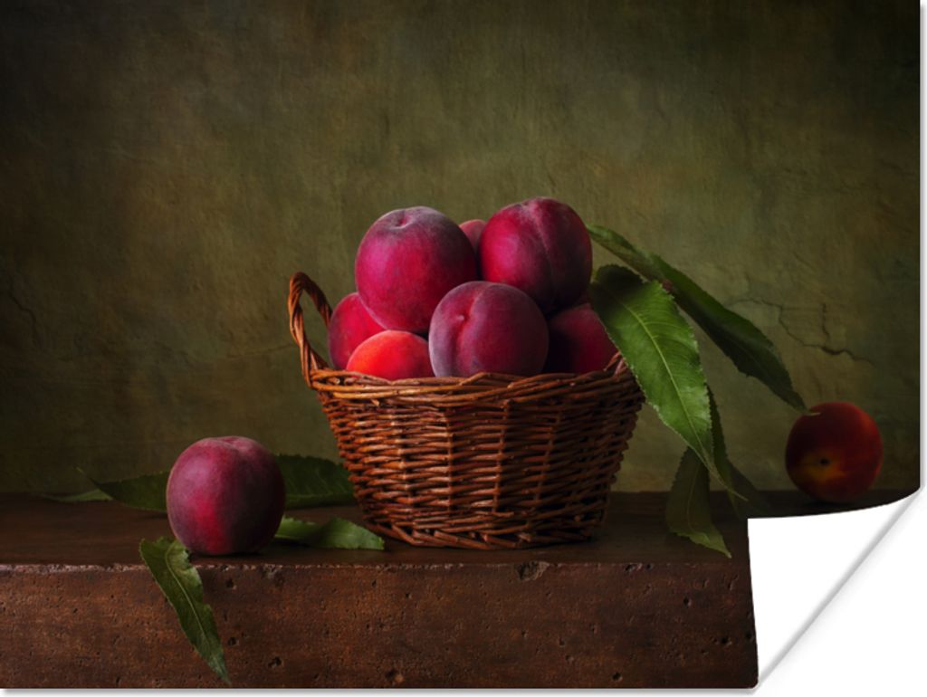 MuchoWow Poster Korb - Pflaume - Rosa - Rustikal - Obst - Stilleben 160x120 cm - Foto Plakat