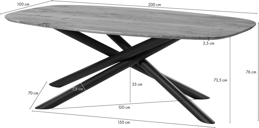 MASSIVMOEBEL24 Esstisch Akazie 200x100x76 natur lackiert / Mikado-Beine rund schwarz