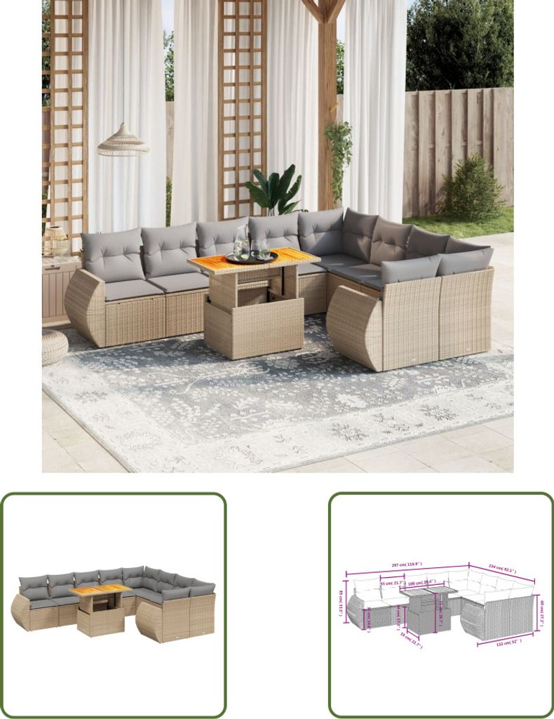 The Living Store 10-tlg. Garten-Sofagarnitur mit Kissen Beige Poly Rattan