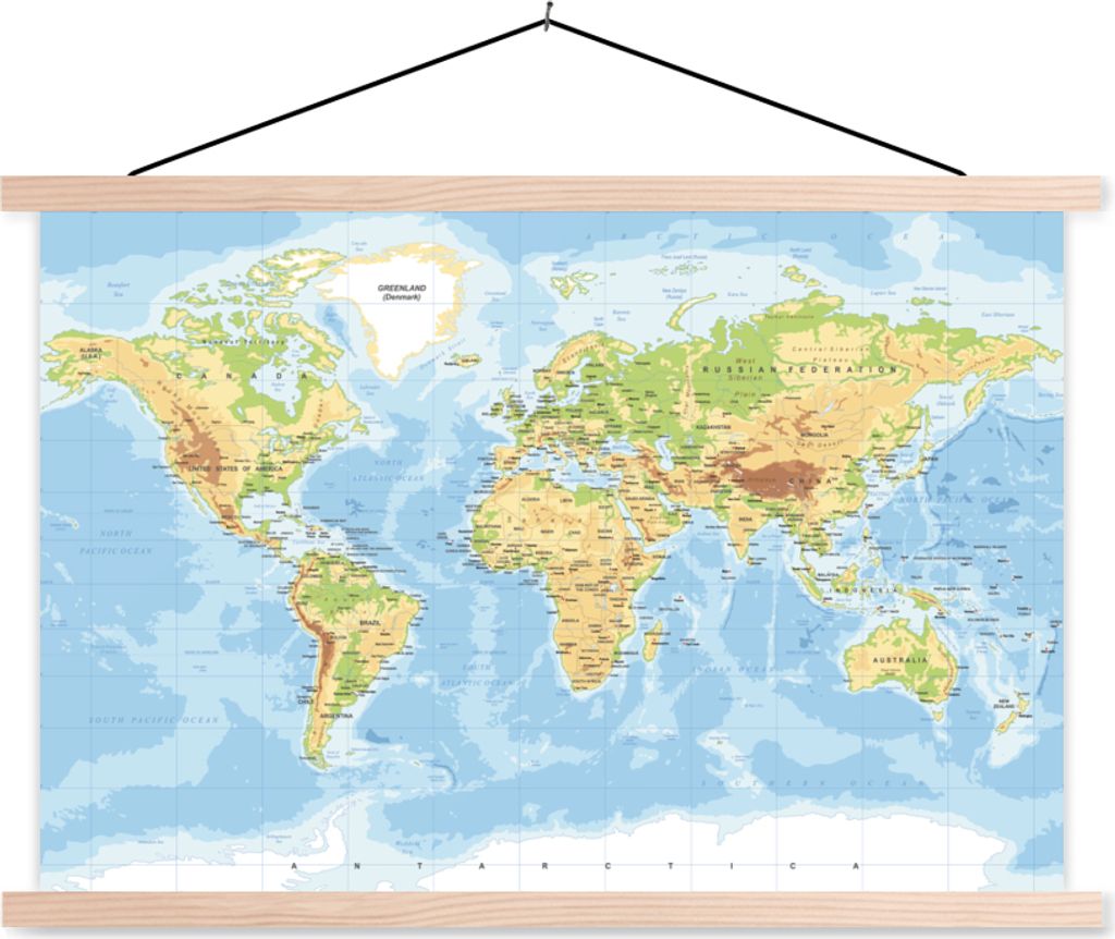 MuchoWow Textilposter Weltkarte - Geographie - Atlas 120x80 cm mit holzfarbenen Rahmen - Aufhängeset