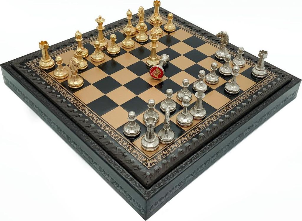 Italienische Schachfiguren Mignon Gold/Silber + Schachbrett Kunstleder Gold/Schwarz 28