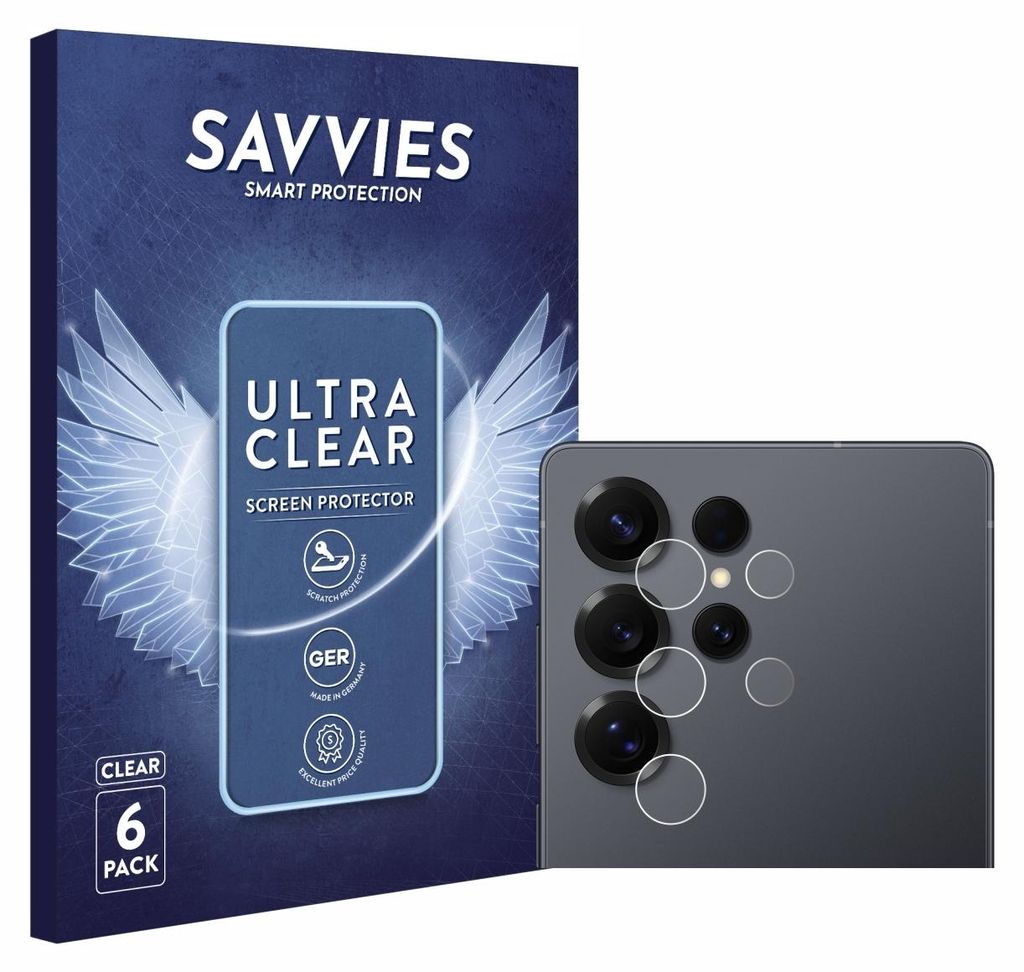 A product box for screen protectors and a close-up of a smartphone camera array with screen protectors applied.