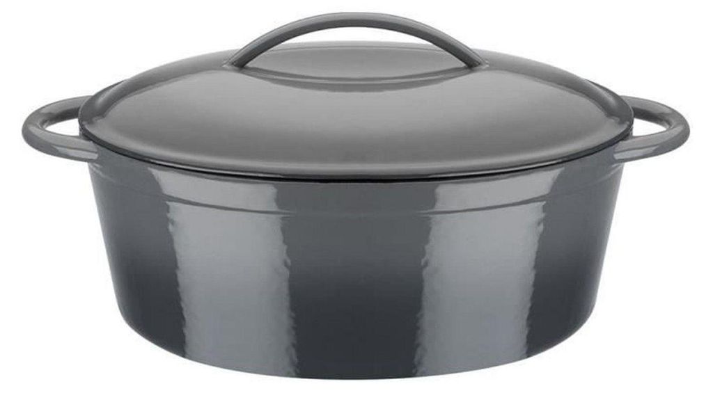 A grey oval cast iron pot with a lid.
