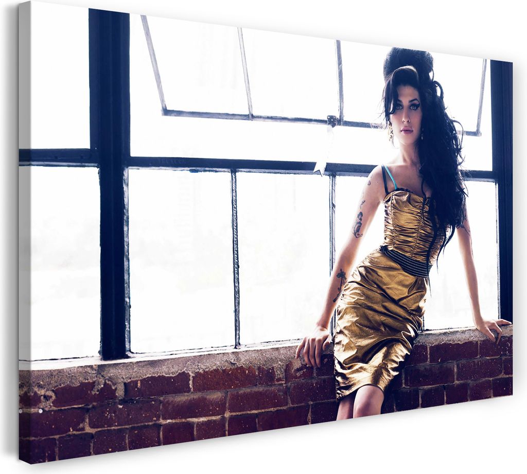 Leinwandbild (120x80cm): Amy Winehouse in goldenem Kleid sexy cool, echter Holz-Keilrahmen inkl. Aufhänger, handgefertigt in Deutschland