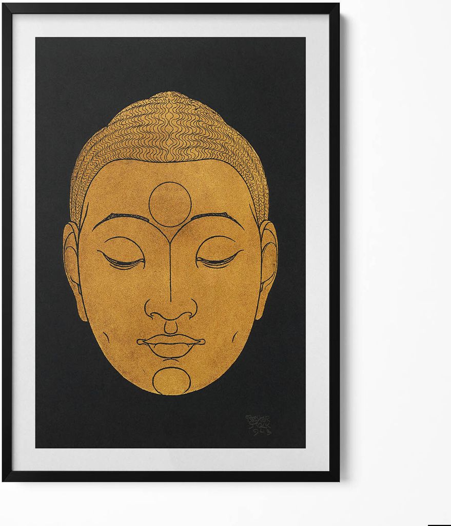 Kopf eines goldenen Buddhas– Wandbild mit Rahmen – Gerahmtes Bild – Wanddekoration – 70x100 cm – Schwarz Rahmen
