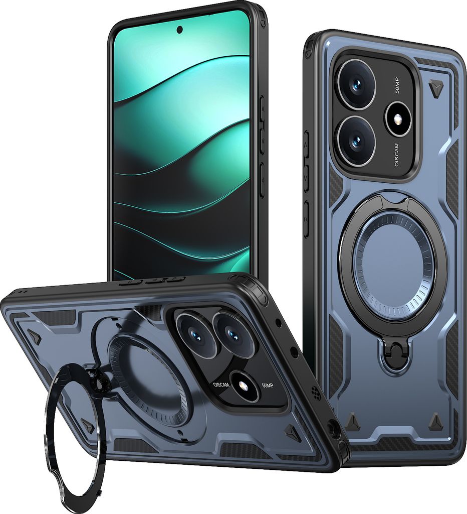 Dual Layer Hülle für Xiaomi Redmi Note 14 4G Metall Ring Ständer Magnetisch Stoßfest Militär Handyhülle Blau