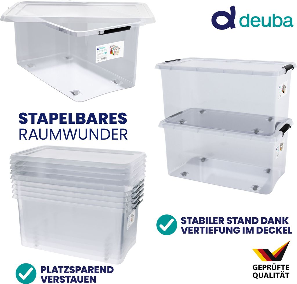 DEUBA® Aufbewahrungsboxen 6 x 60l mit Deckel und Rollen, Produktbild 5