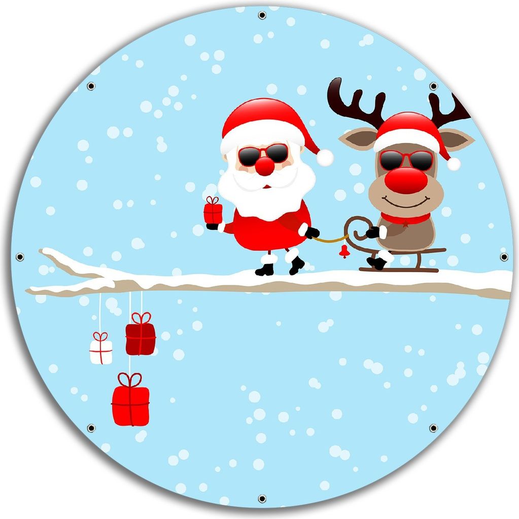 Wallario rundes Outdoor-Poster für Garten oder Balkon, Motiv Cooler Weihnachtsmann mit Rentier auf einem Ast, 60 cm Durchmesser