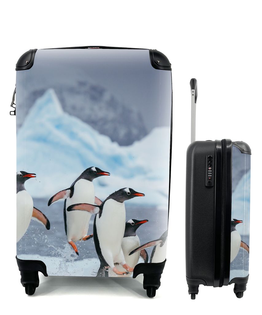 MuchoWow Koffer Handgepäck Trolley Rollkoffer Kleine Reisekoffer mit 4 Rollen - Pinguine springen aus dem Wasser - Cabin Size < 55x40x23 cm & 55...