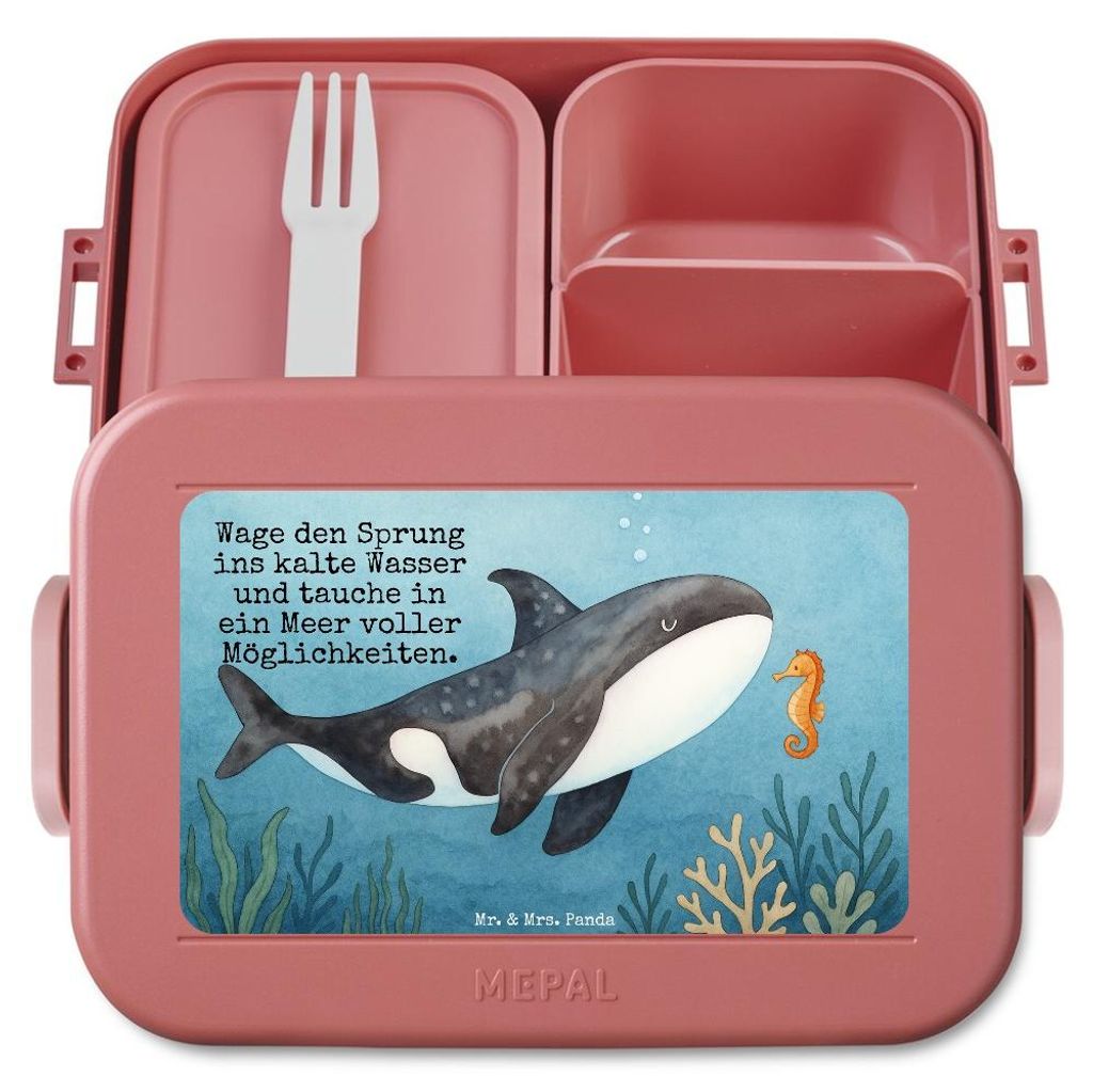 Mr. & Mrs. Panda Bento Box Orca Design - Rot Pastell - Geschenk, Bento-Brotdose, Wal, Essensbox, Büro, Bentobox, Snackbox, Arbeit, Meer, Lunchbox,...