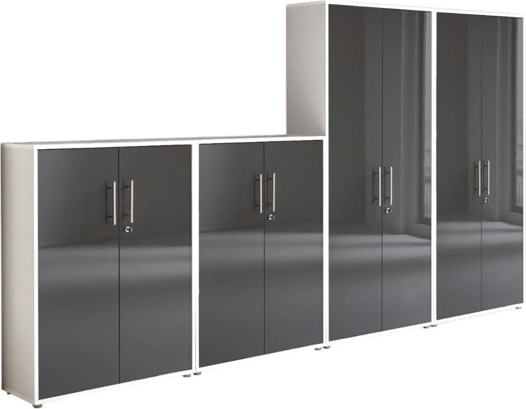 Aktenschrank TABOR 54 in weiß / anthrazit Hochglanz, Schrankwand, Büroschrank, abschließbar, Metallgriffe