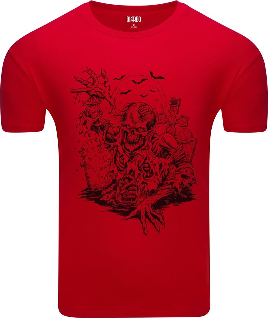 Diarbo Herren T-Shirt mit Düsterem Druck Zombie steigt aus dem Grab Rot Gr.M