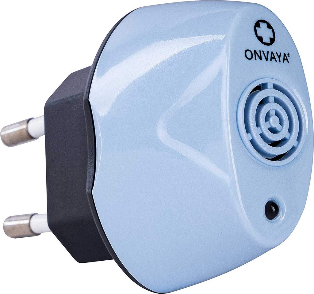 A light blue electronic device with a black plug and a circular speaker grille.