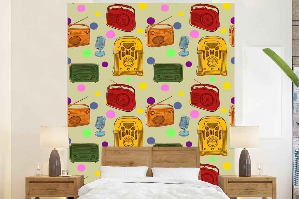 MuchoWow Fototapete für Wohnzimmer oder Schlafzimmer Wandtapete Vinyl Motivtapete Vintage - Radio - Mikrofon - Muster - 180x220 cm - Tapezierpapier