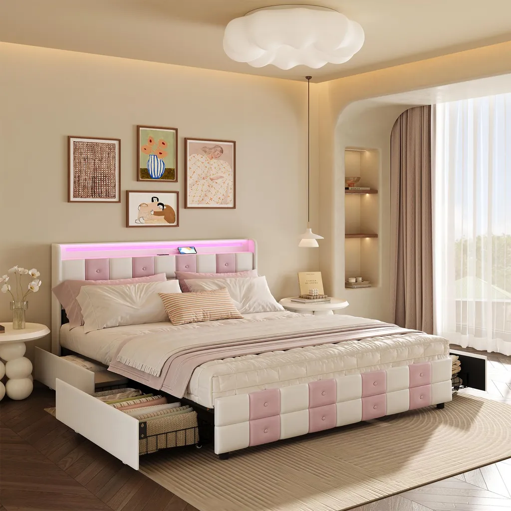 Lit double 160x200 cm avec rangement, LED et USB, Velours Blanc et Rose