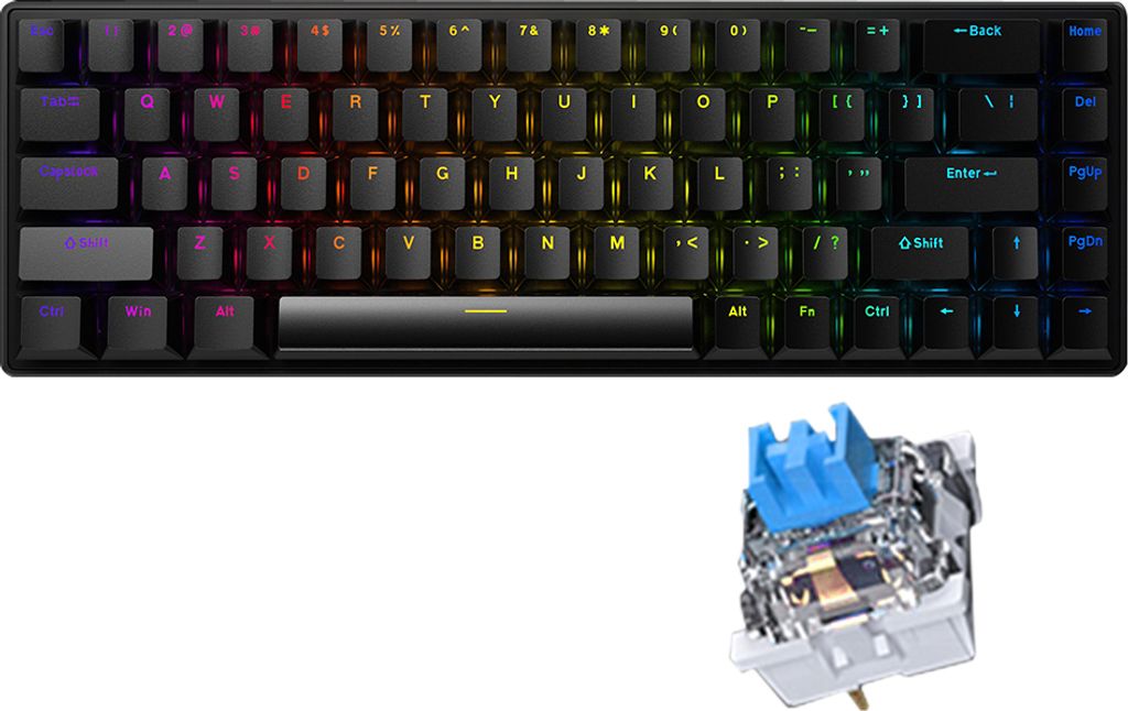 68Tasten Gaming Tastatur, Blaue Achse, 5 Farben10 einstellbare Helligkeits- und Geschwindigkeitsbeleuchtungsmodi, FN-Tastenkombination - Schwarz