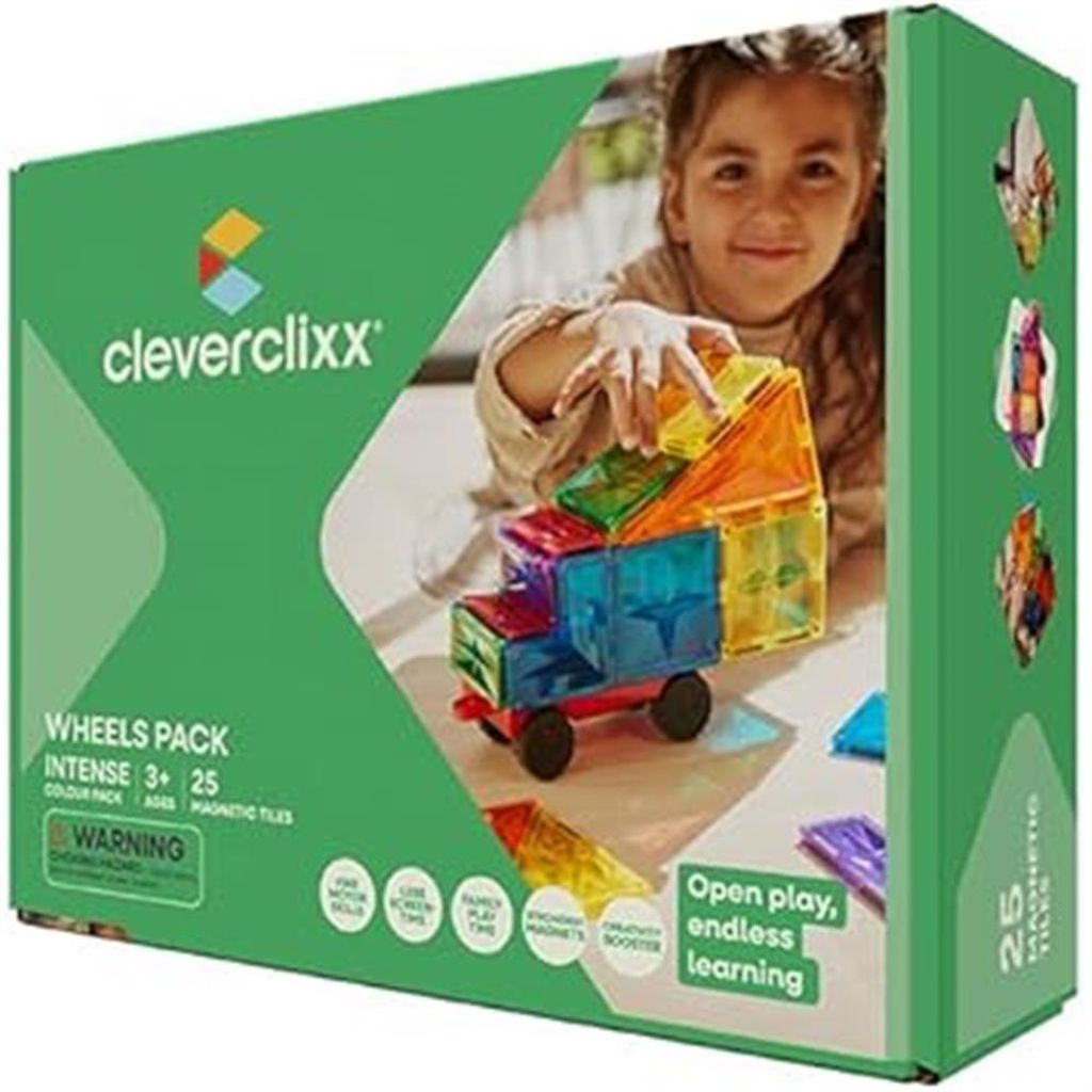 Cleverclixx Auto-Bausatz in Knallfarben 25 Teile, Magnetspielzeug Auto mit Rädern, Erweiterungsset, Lernspielzeug, magnetische Bausteine, ab +3 Ja...