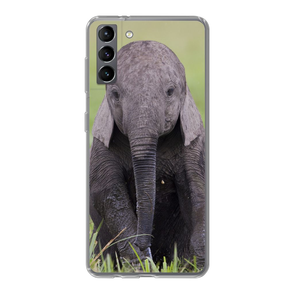 MuchoWow Handyhülle Schutzhülle Hülle für Samsung Galaxy S21 Plus Elefant - Baby - Tiere - Gras - Natur Silikon Softcase Handy Hülle - Handy...