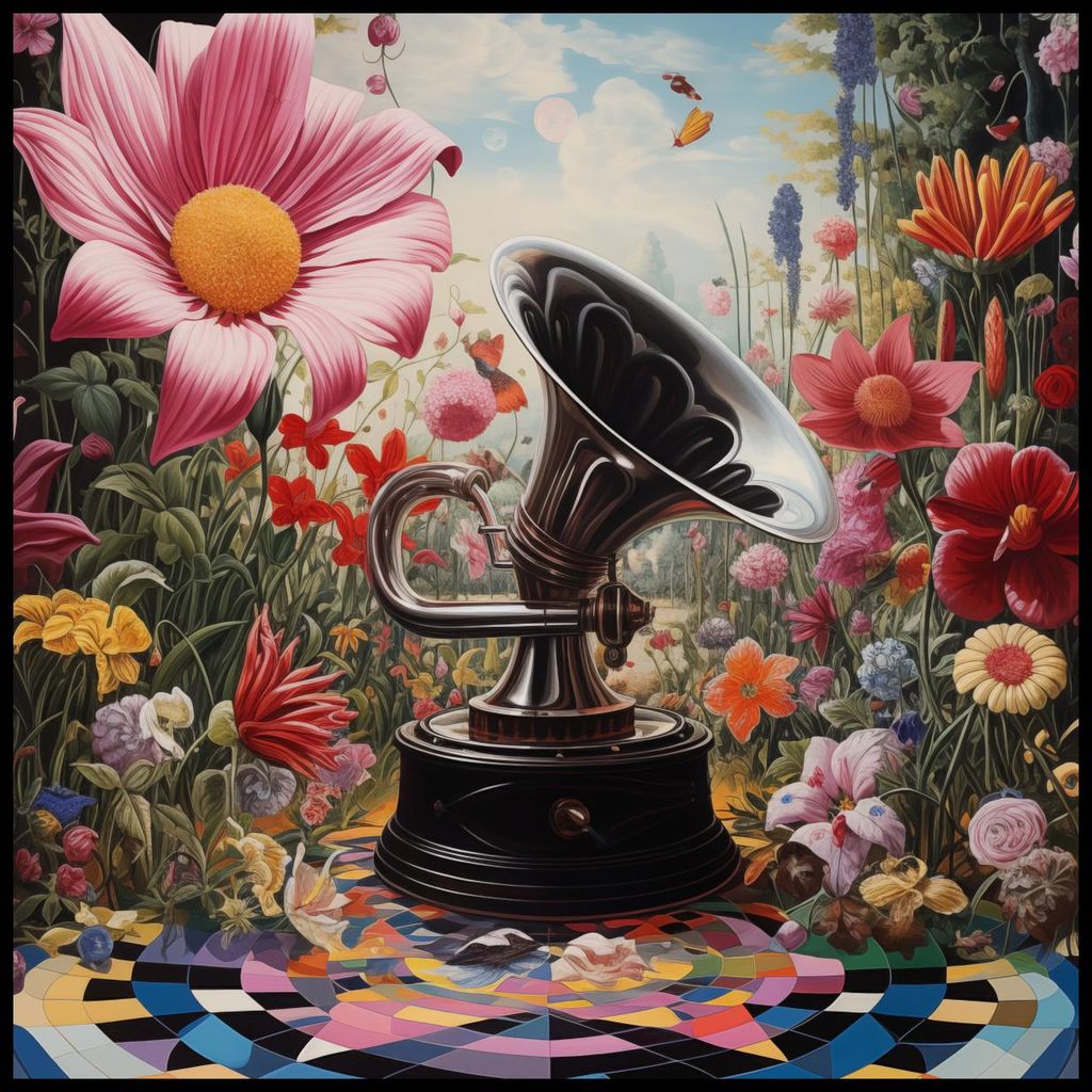 Plakat 80x80cm Plattenspieler in Blumen