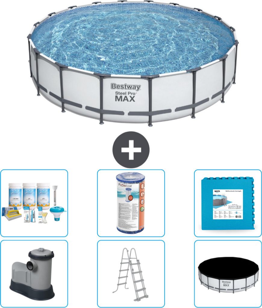 Bestway Round Steel Pro MAX Schwimmbad – 549 x 122 cm – Grau – inklusive Pumpe – Leiter – Abdeckung Wartungspaket - Filter - Bodenfliesen