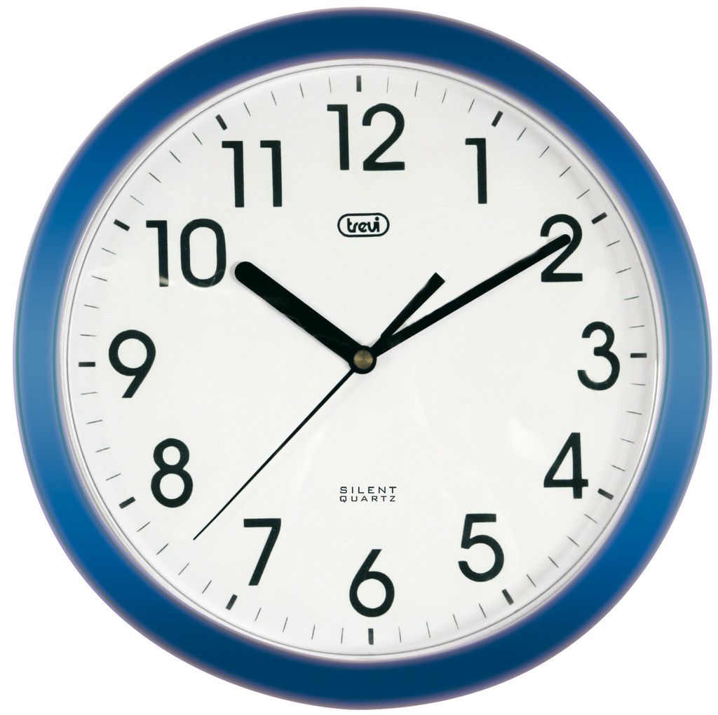 A close-up view of a blue wall clock.