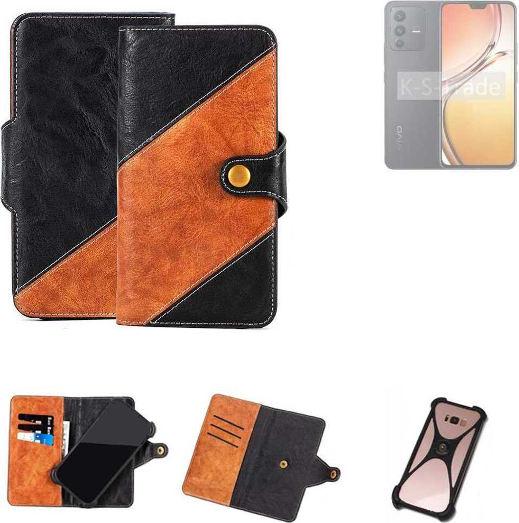K-S-Trade Handyhülle Schutzhülle Bookstyle Case Wallet-Case kompatibel mit Vivo V23 5G Handy Cover Bumper Klapphülle schwarz hellbraun 1x