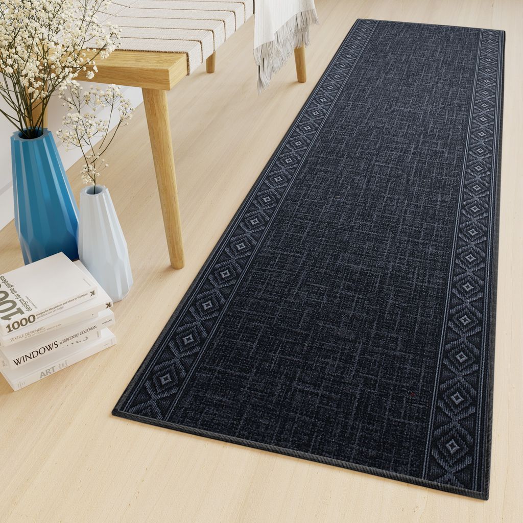 Läufer Teppich Meterware Flur Wohnzimmer Schlafzimmer Kurzflor Modern Design Rutschfest Schwarz 80 x 600