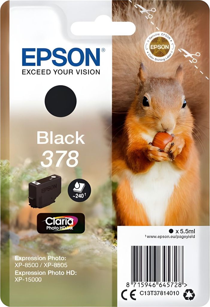 The image shows the packaging of an Epson ink cartridge with a squirrel illustration.