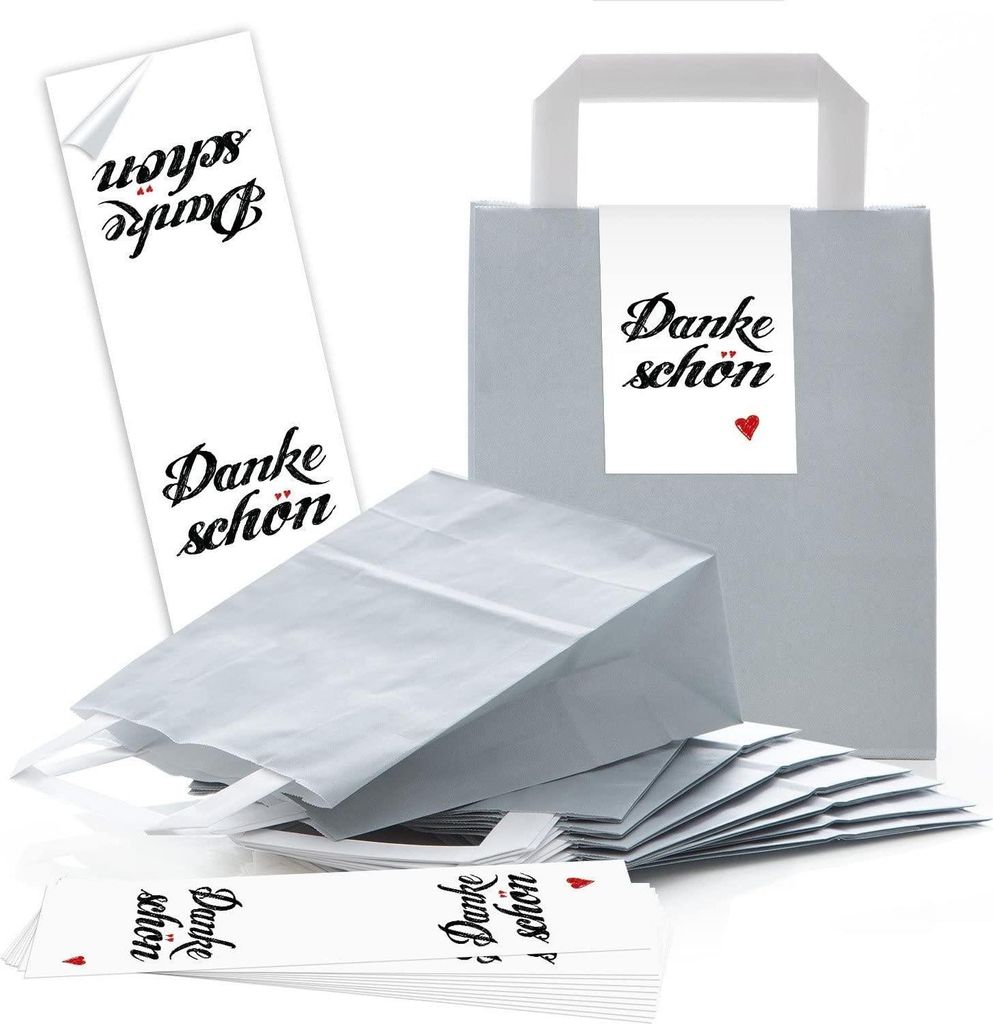 Hell-graue Papier-Tragetaschen 18 x 8 x 22 cm mit Henkel & Aufkleber „Dankeschön“ – Geschenktasche25 Stück
