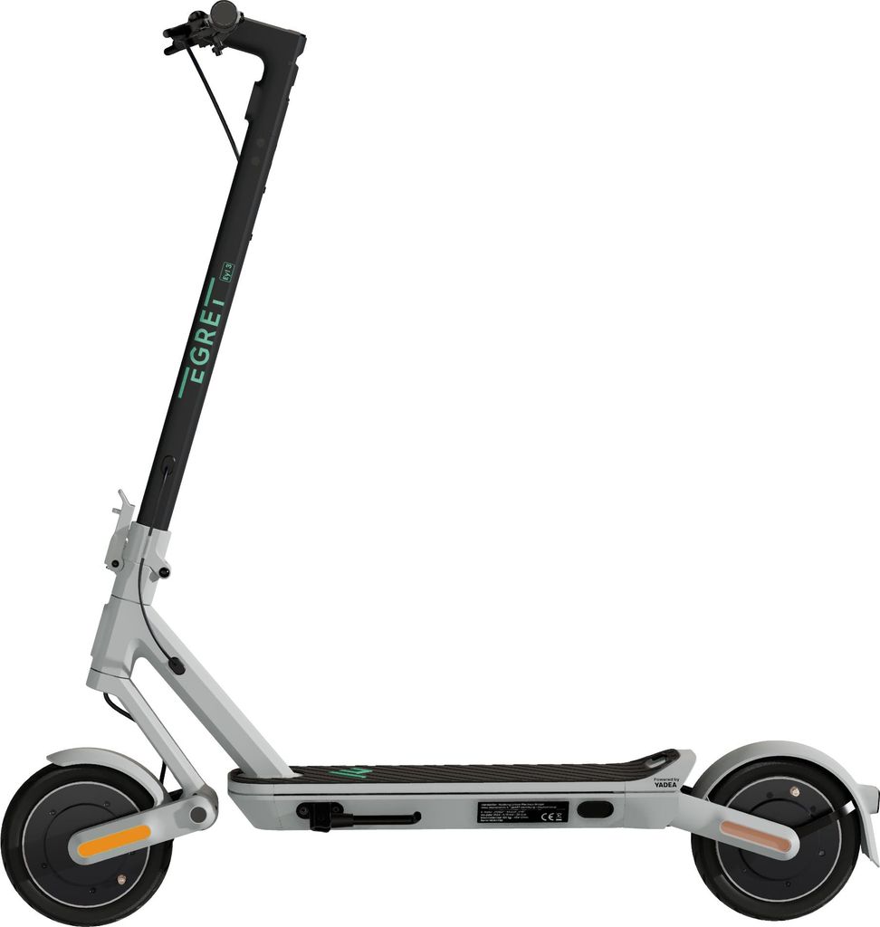 A side view of a gray electric scooter against a white background.
