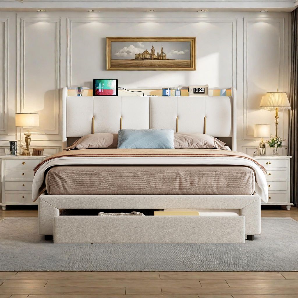 Doppelbett 140x200 cm mit hydraulischem Staufach, beigefarbenem Samt-Kopfteil mit verstellbarer LED-Beleuchtung, integrierten USB-Anschlüssen und ...