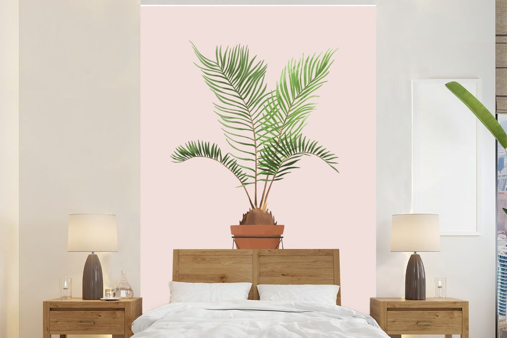 MuchoWow Fototapete für Wohnzimmer oder Schlafzimmer Wandtapete Vinyl Motivtapete Pflanze - Palme - Pastell - Rosa - 160x240 cm - Vinyltapete