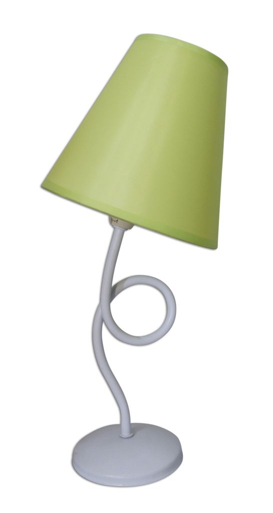 A white table lamp with a green lampshade.