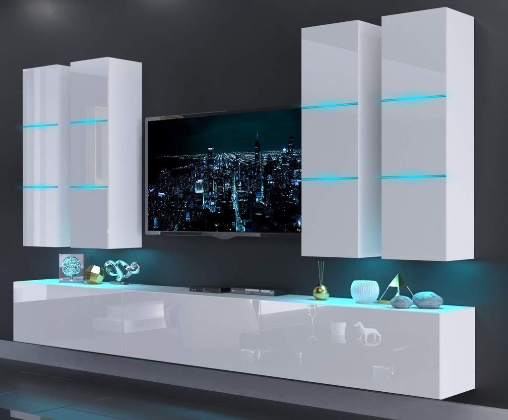 Furnitech Wohnwand Wohnzimmer - Wohnzimmer Möbel mit LED Blau - Hängend Wohnwand Modern - Regale und TV Schrank (Future Malaga AN40-18HG-W2 1B - ...