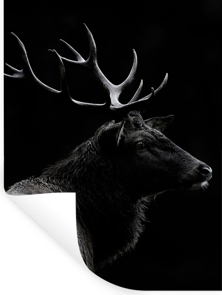 MuchoWow Wandtattoo Wandsticker Wandaufkleber Hirsch - Schwarz - Porträt - Geweih - Tiere 120x160 cm Selbstklebend und Repositionierbar - Wierde...