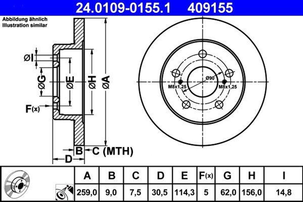 ATE 24.0109-0155.1 Bremsscheibe OE 4243112260 kompatibel mit Auris, Corolla