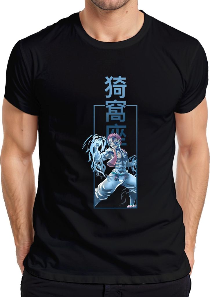 Akaza Dämonenkrieger Anime Kampfkunst Blaue Streifen Japan Y2K Streetwear Herren T-Shirt, Schwarz, S