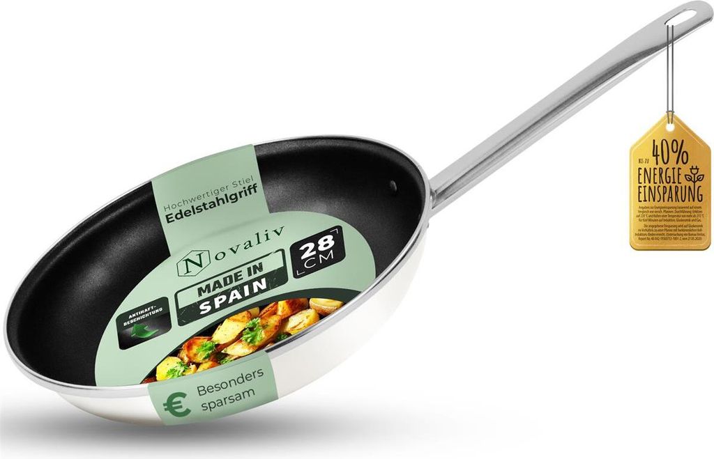 Novaliv Energiesparpfanne 28 cm Einsparung bis zu 40% - Emaillierter Stahl, Antihaft Beschichtung innen, sehr leicht zu reinigen, Creme Pfanne für...