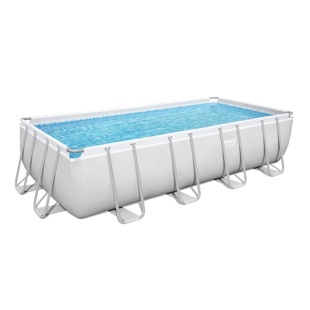 A rectangular above-ground swimming pool filled with blue water, set against a white background.