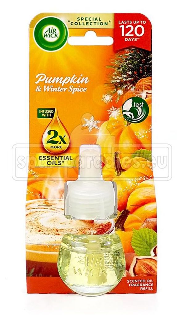 A product package for an Air Wick scented oil refill, featuring pumpkin and winter spice.