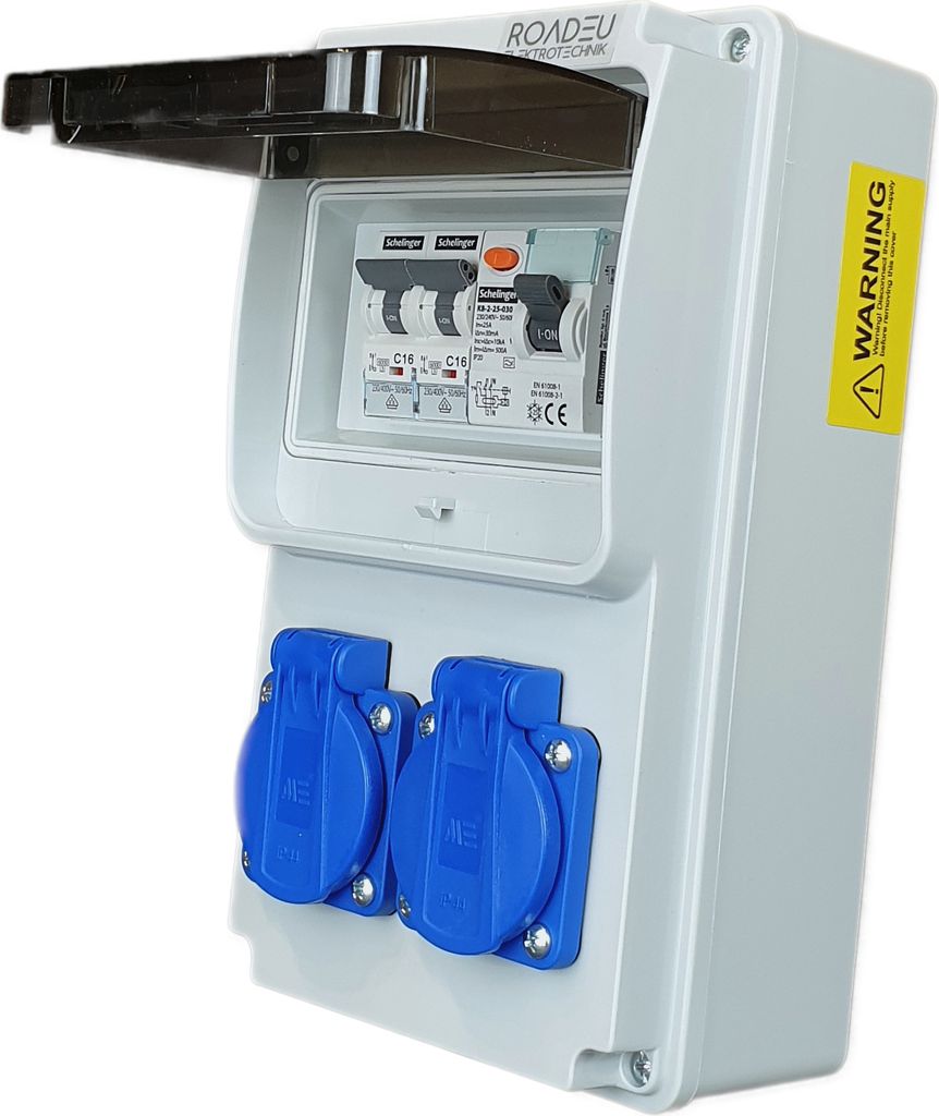 RoadEu - Stromverteiler 230V, 2x Schuko Steckdose mit Schalter, Steckdosenverteiler mit Fi Schutzschalter 25A typ A/AC, 2x LS C16A. Baustromverteiler